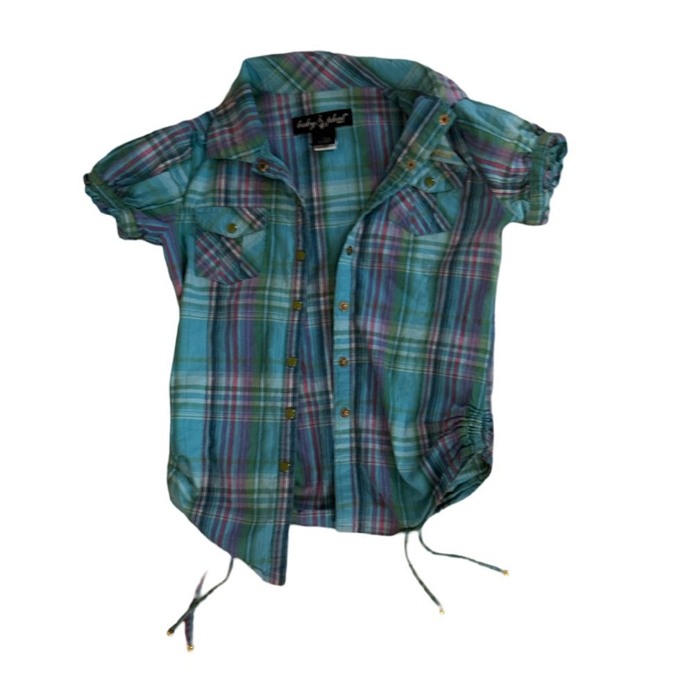 Baby Phat Girls Vintage Plaid Button Down Short Sleeve Top SZ Med 8-10
